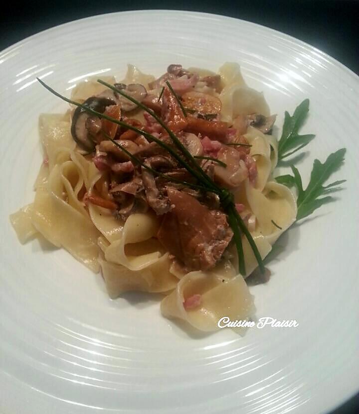 recette Tagliatelles aux champignons crème moutarde et lardons