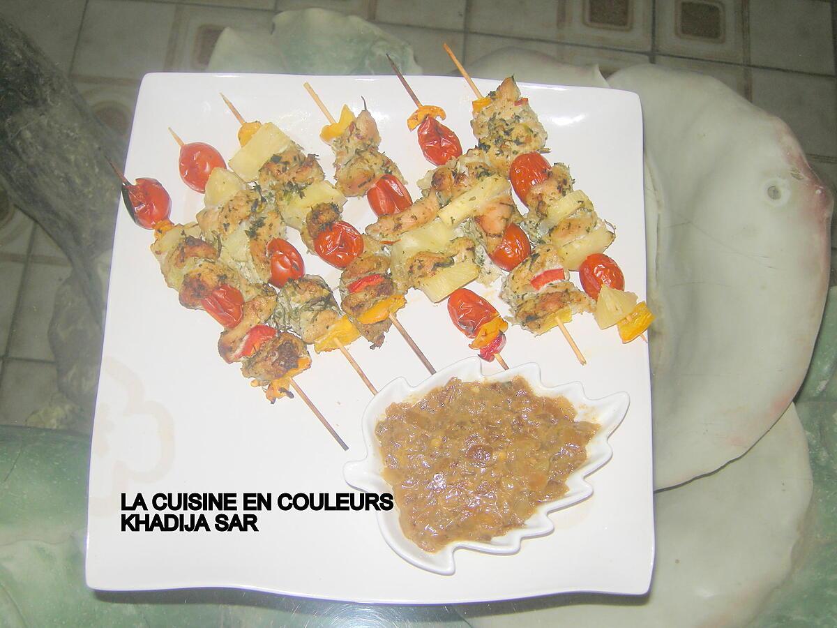 recette Brochettes de poulet,poivrons,ananas,tomates cerises