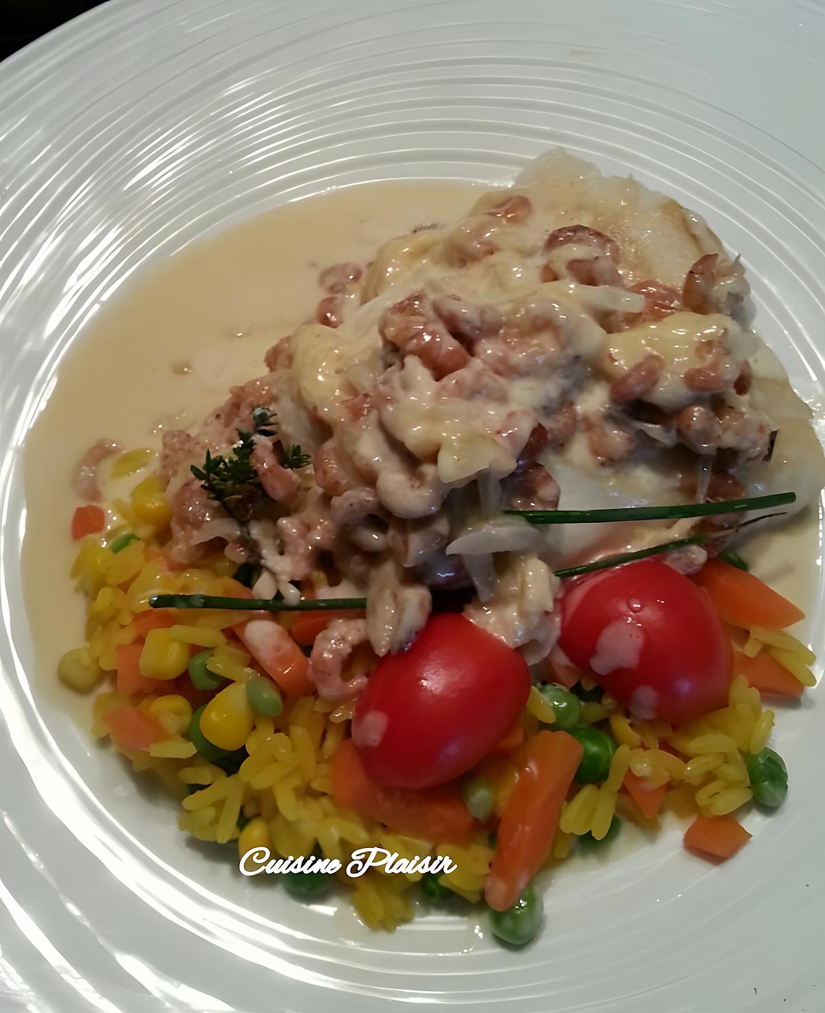 recette Dos de cabillaud sauce fromage et aux crevettes grises