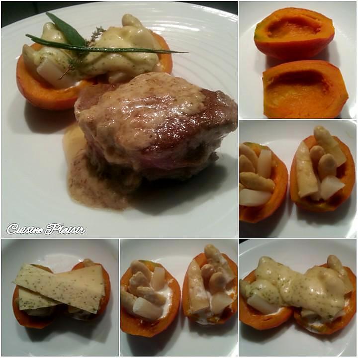 recette Tournedos sauce fromage aux herbes et mini potimarron aux asperges blanches gratiné