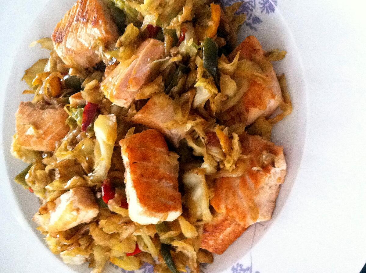 recette Wok de chou pommé et saumon frais