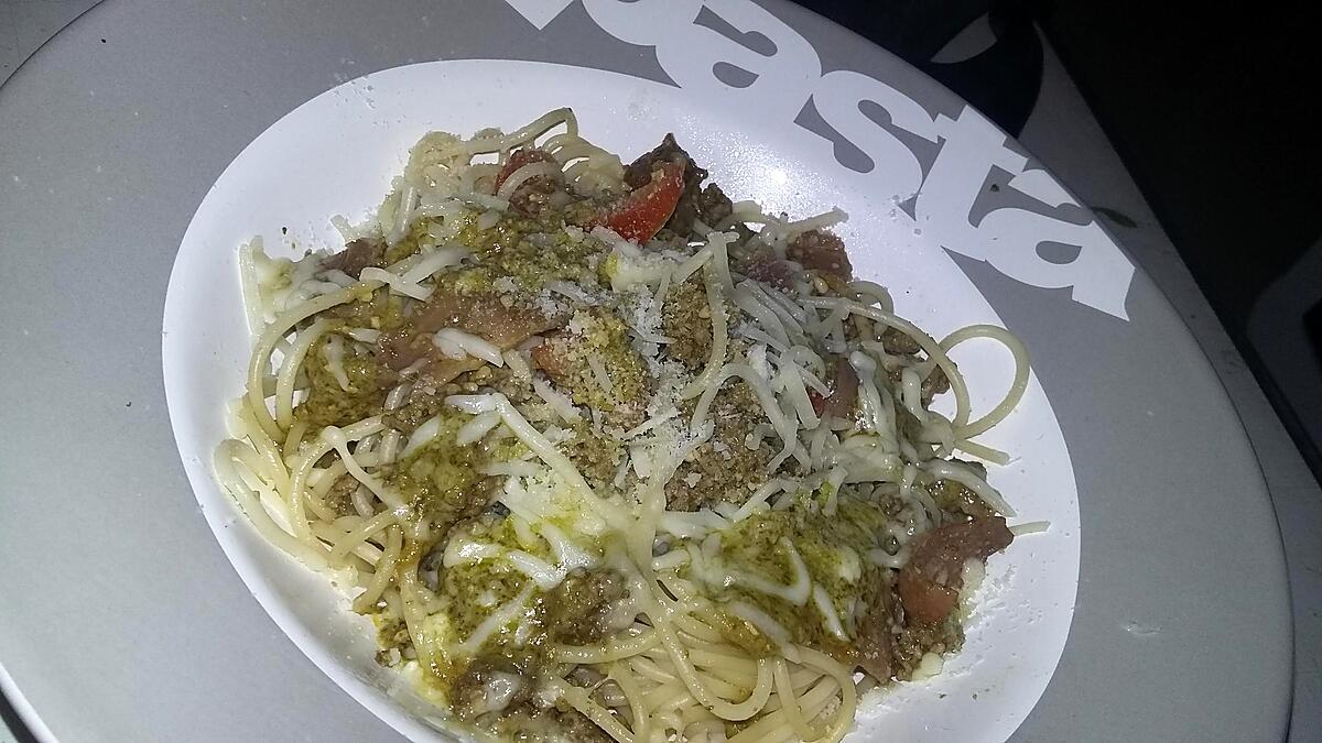 recette Spaghettis au pesto jambon cru et tomates