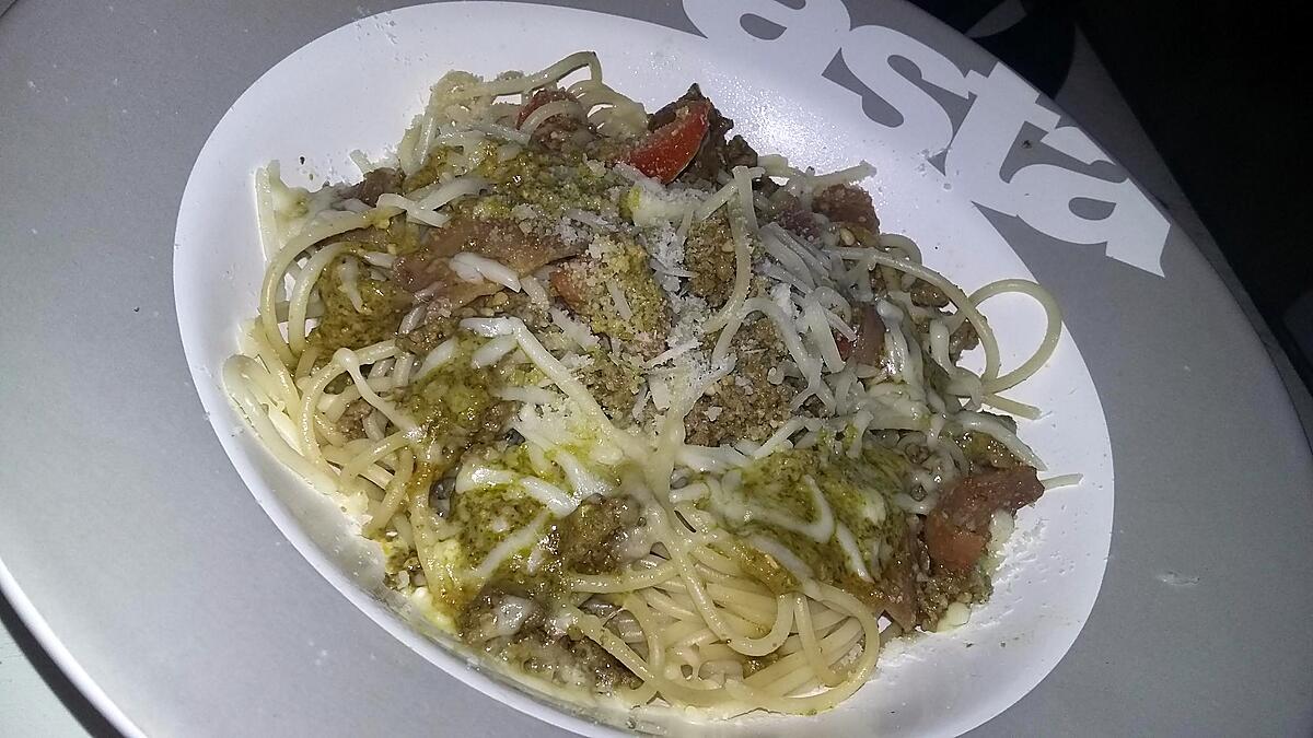 recette Spaghettis au pesto jambon cru et tomates
