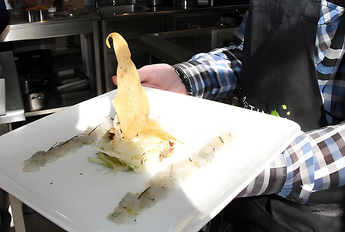 recette Carpaccio de crevettes Obsiblue au kombu salé,  fenouil croquant et pomme granny Smith ( préparée à l'Atelier Guy Martin)