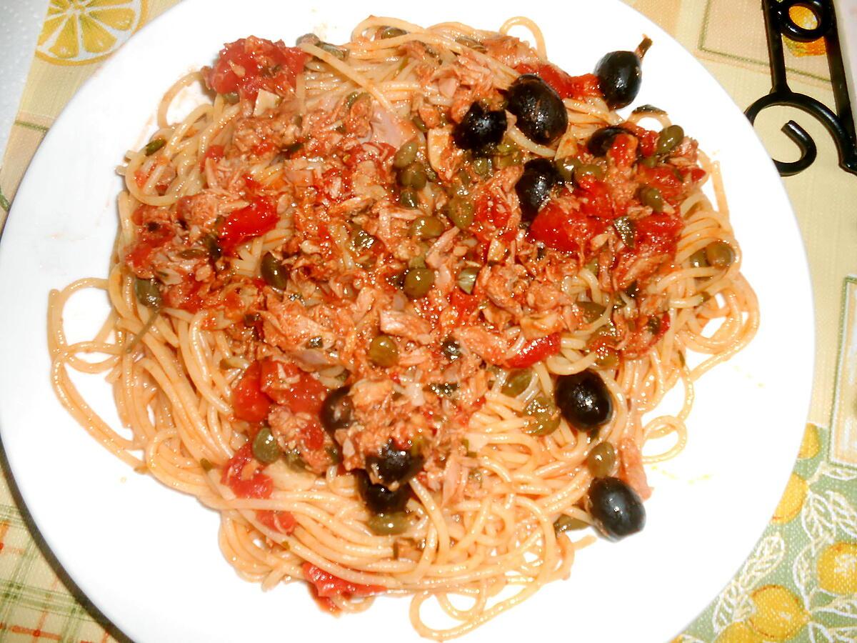 recette SPAGHETTI THON OLIVES CAPRES ET CORNICHON