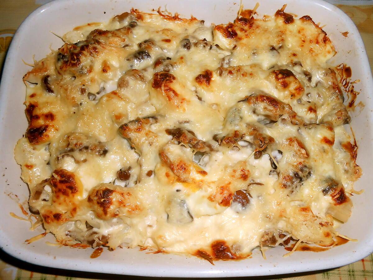 recette GRATIN DE CHOU FLEUR OEUFS DURS CHAMPIGNONS