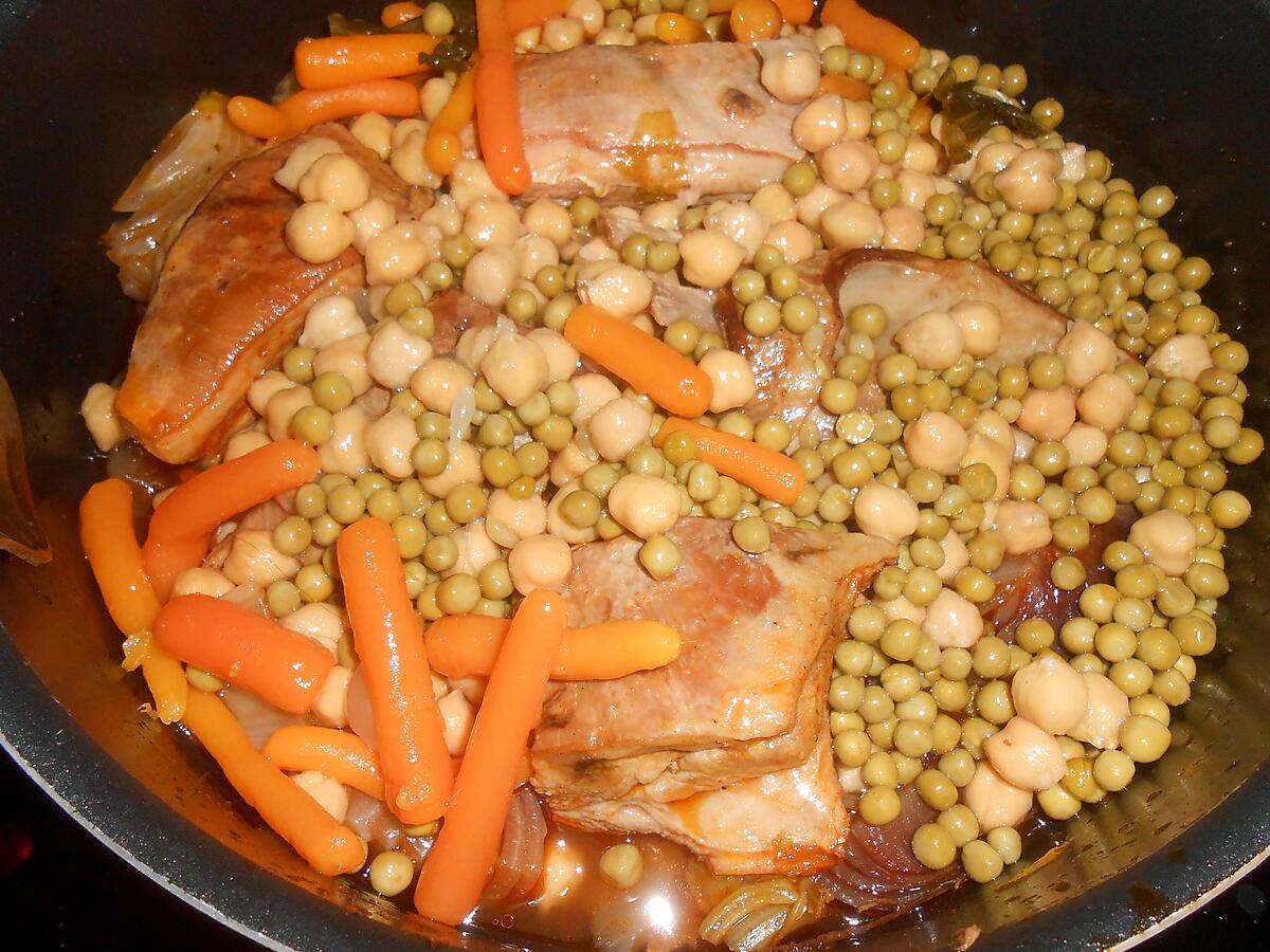 recette POITRINE D'AGNEAU POIS CHICHES ET PETITS POIS CAROTTES