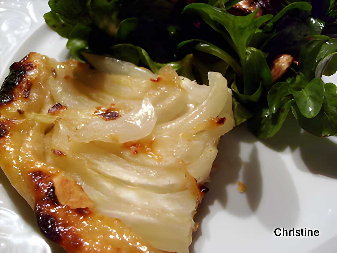 Tatin de fenouil, mozzarella et sa salade de mâche et champignons
