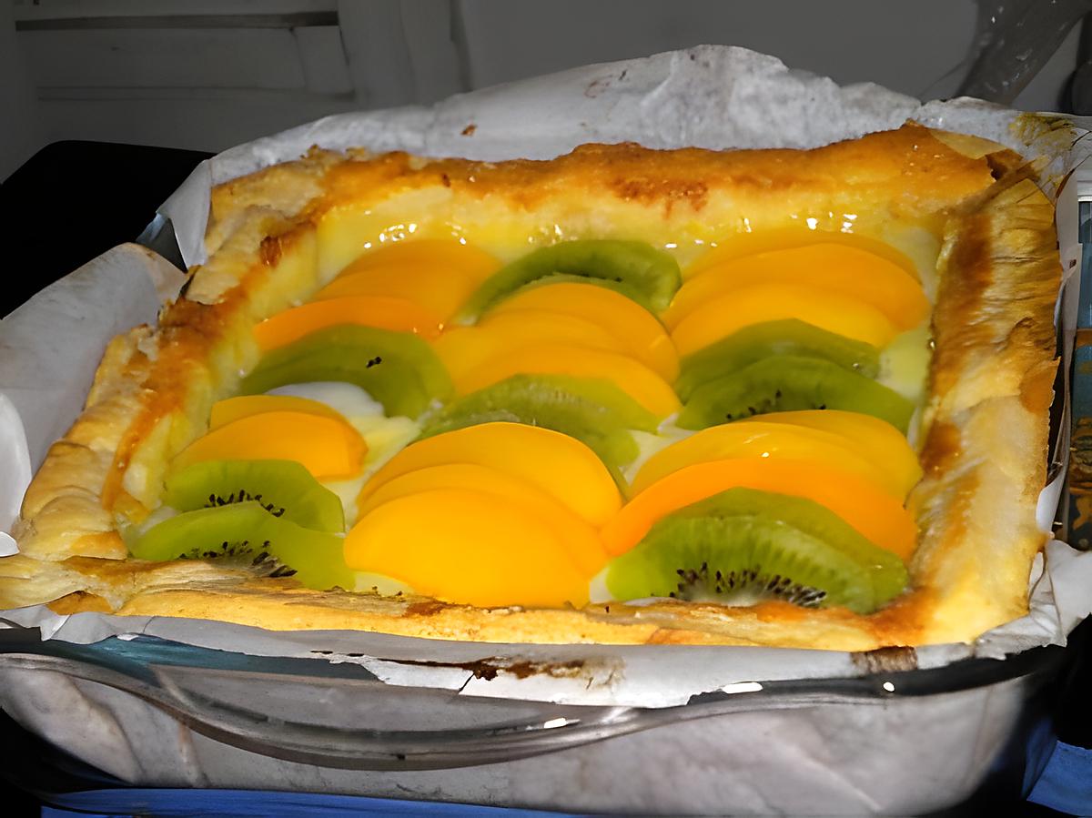 recette Tarte aux pêches et kiwis ( C'est mon mari qui l'a fait )