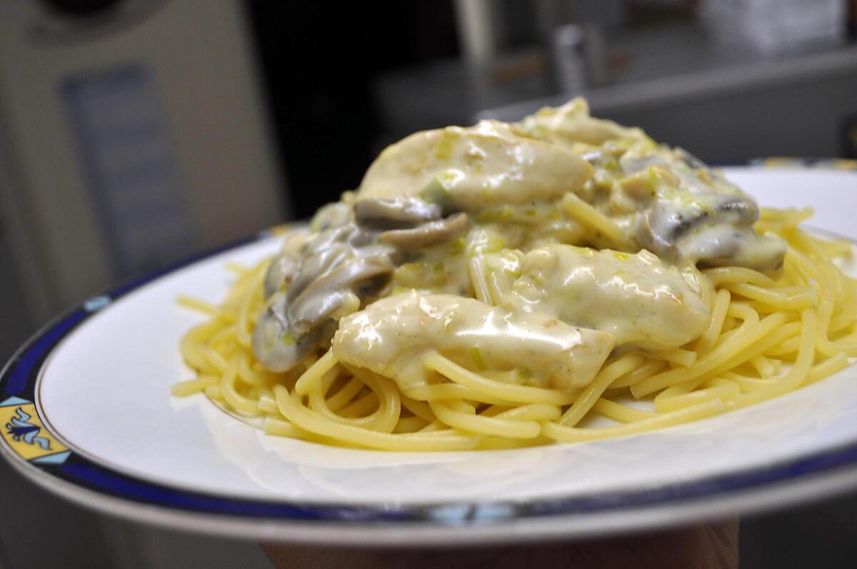 recette Poulet, sauce crémeuse aux poireaux et aux champignons