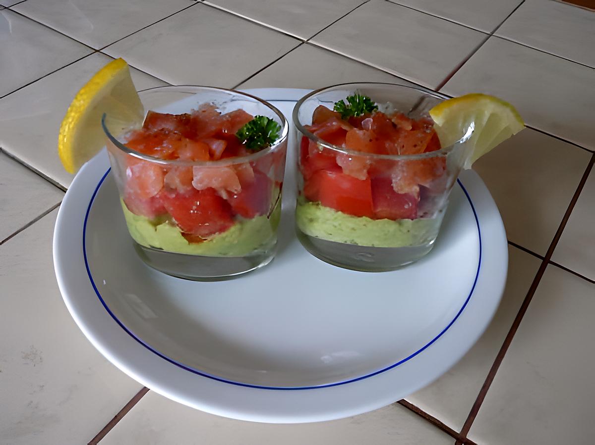 recette verrine légère avocat, tomates, saumon fumé