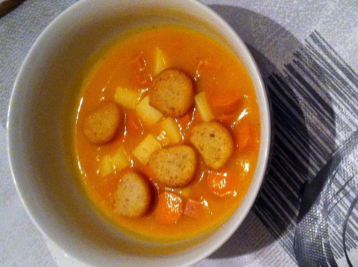 recette Velouté potiron, tomates cerises,knackis et dés de jambon