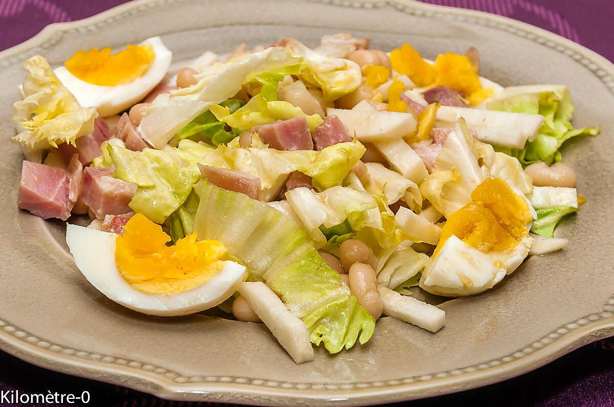 recette Salade de haricots blancs au jambon, oeufs et radis noir