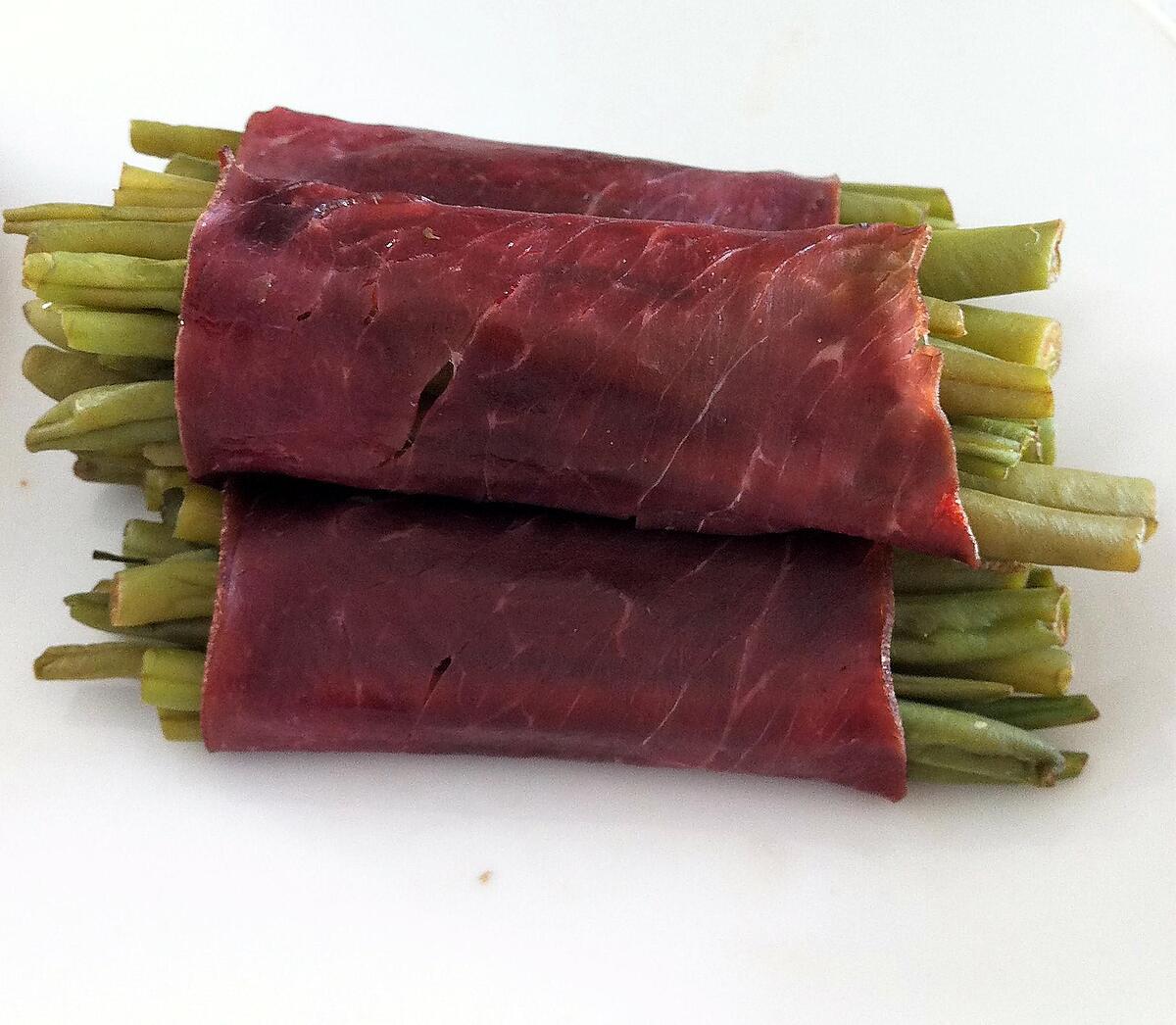 recette Fagots d'haricots verts au boeuf séché au thermomix ou vapeur