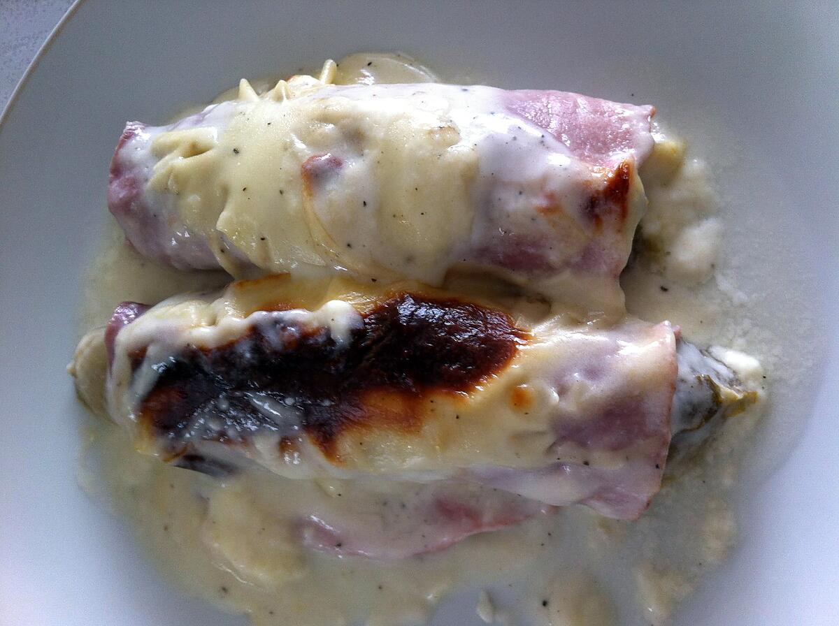 recette Gratin d'endives au maroilles et jambon braisé