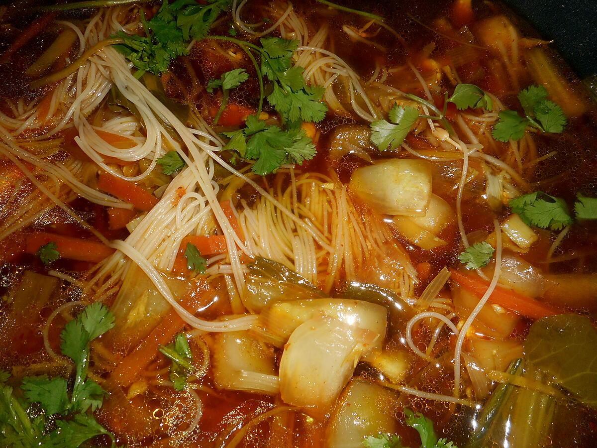 recette Soupe de vermicelles de riz aux légumes et au poulet (thailande)