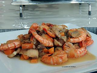 recette Mélange forestier aux crevettes flambées au Cognac