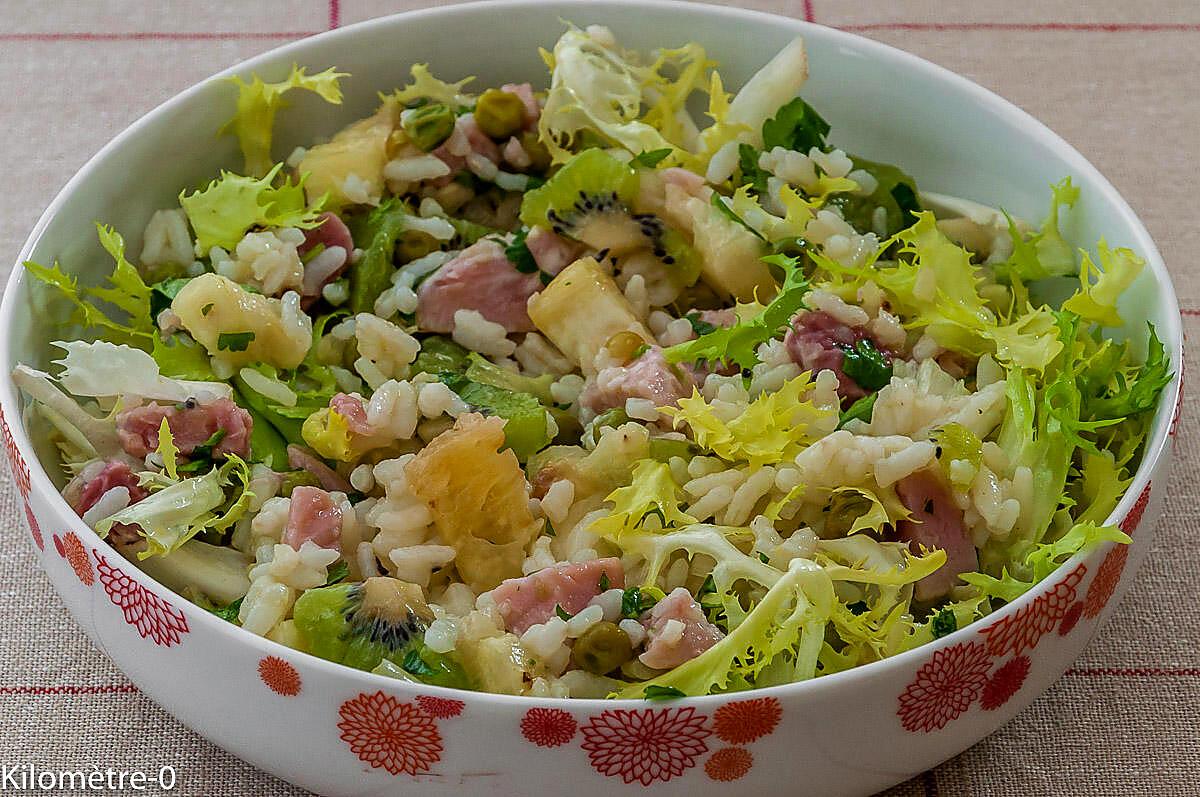 recette Salade de riz au jambon, kiwi, ananas et petits pois