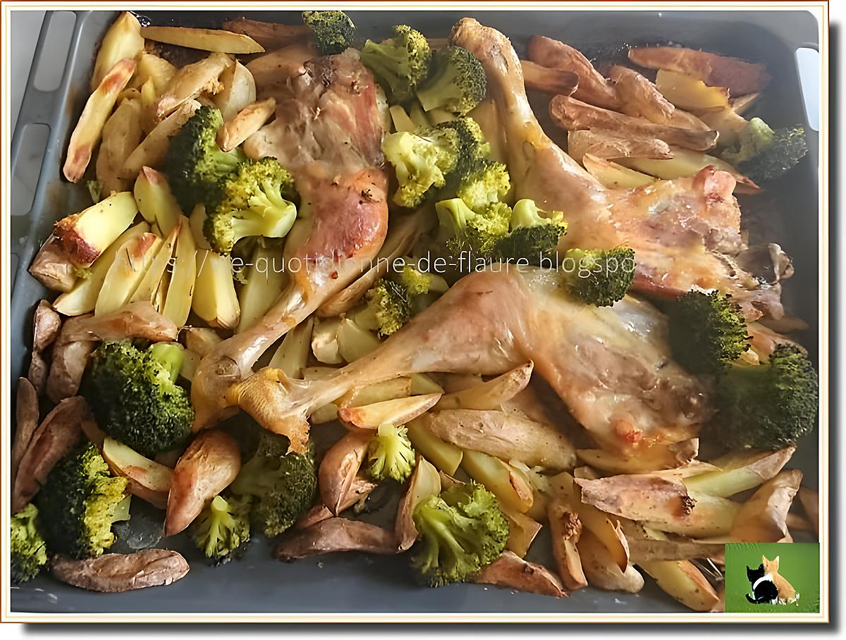 recette Cuisses de poulet, pommes de terre, ail et romarin et une touche de vert, le brocoli