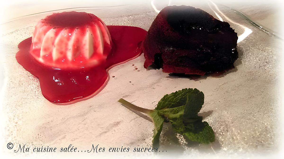 recette PANNA COTTA - COULIS FRAMBOISE / FONDANT CHOCOLAT