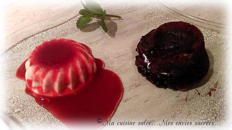 recette PANNA COTTA - COULIS FRAMBOISE / FONDANT CHOCOLAT