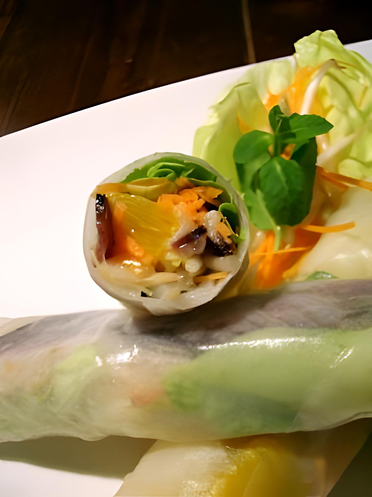 recette Rouleaux de printemps à l'orange et magret séché, sauce gingembre...