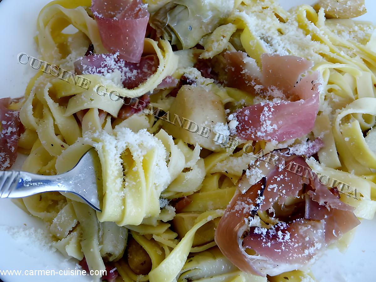 recette Tagliatelles à l'ail aux cœurs d’artichaut et jambon Speck