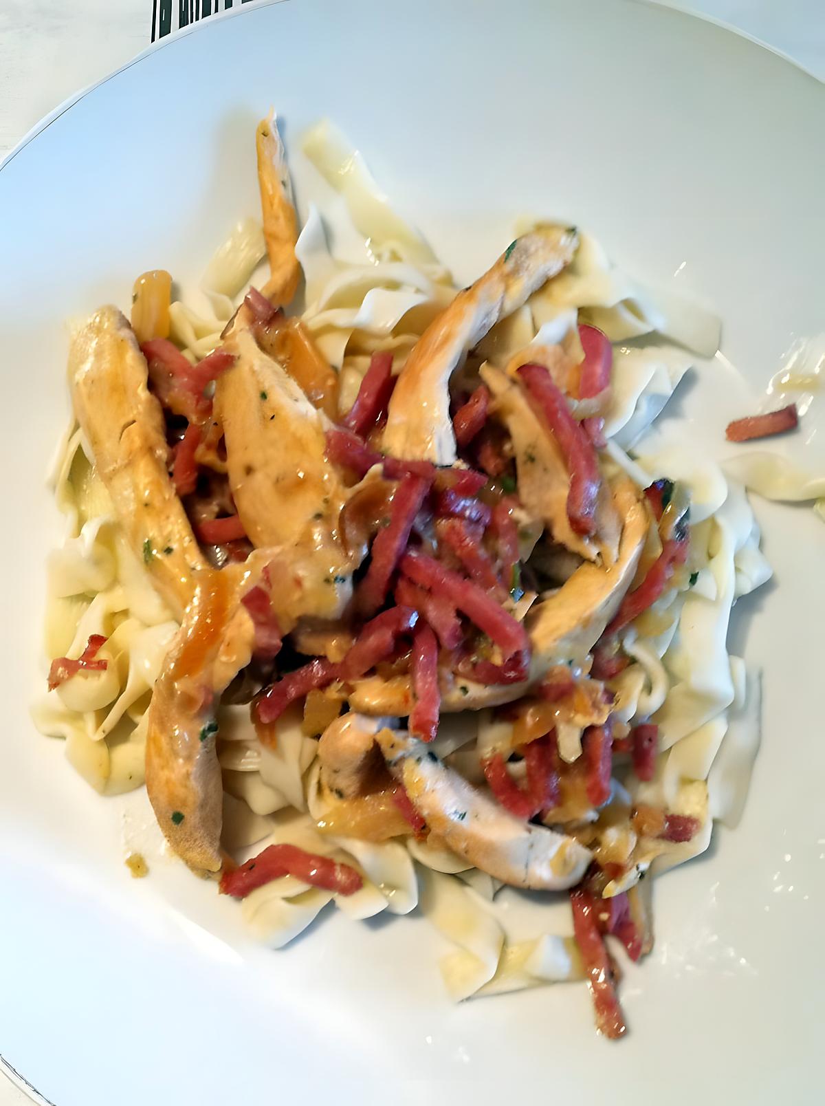 recette Tagliatelles et poulet à la crème d'oignon et bacon