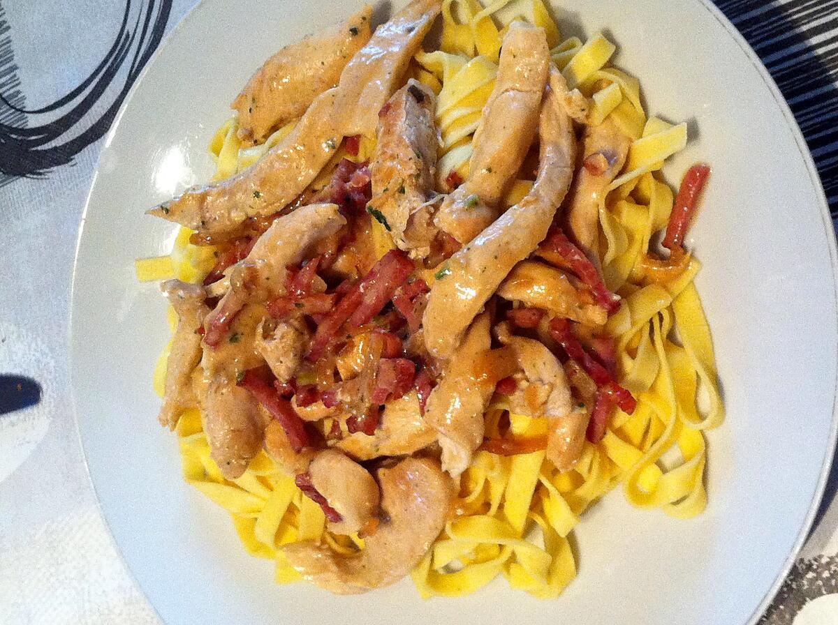 recette Tagliatelles et poulet à la crème d'oignon et bacon