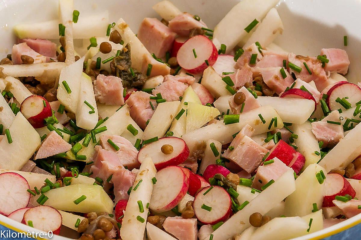 recette Salade de lentilles au chou rave, jambon et radis