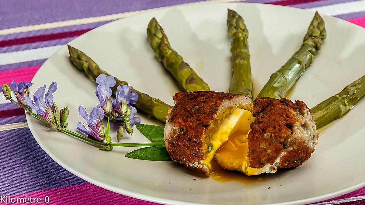 recette Oeuf mollet pané à la charcutière et asperges vertes