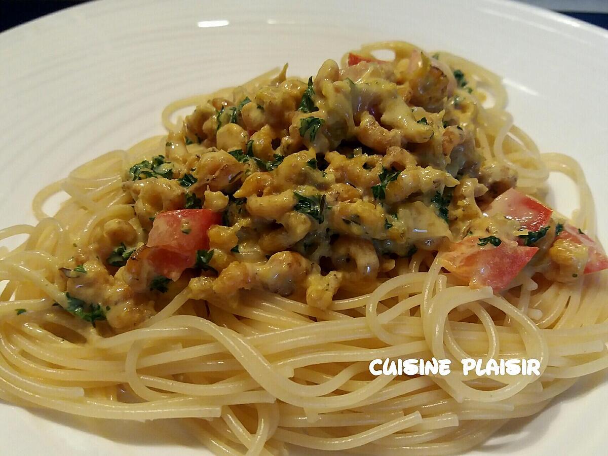 recette Spaghetti aux crevettes grises sauce curry
