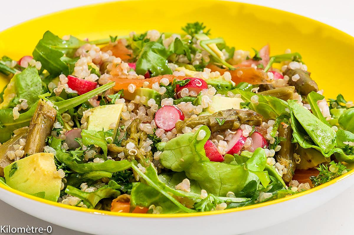 recette Salade de quinoa, avocat, asperges, truite fumée, radis et roquette,