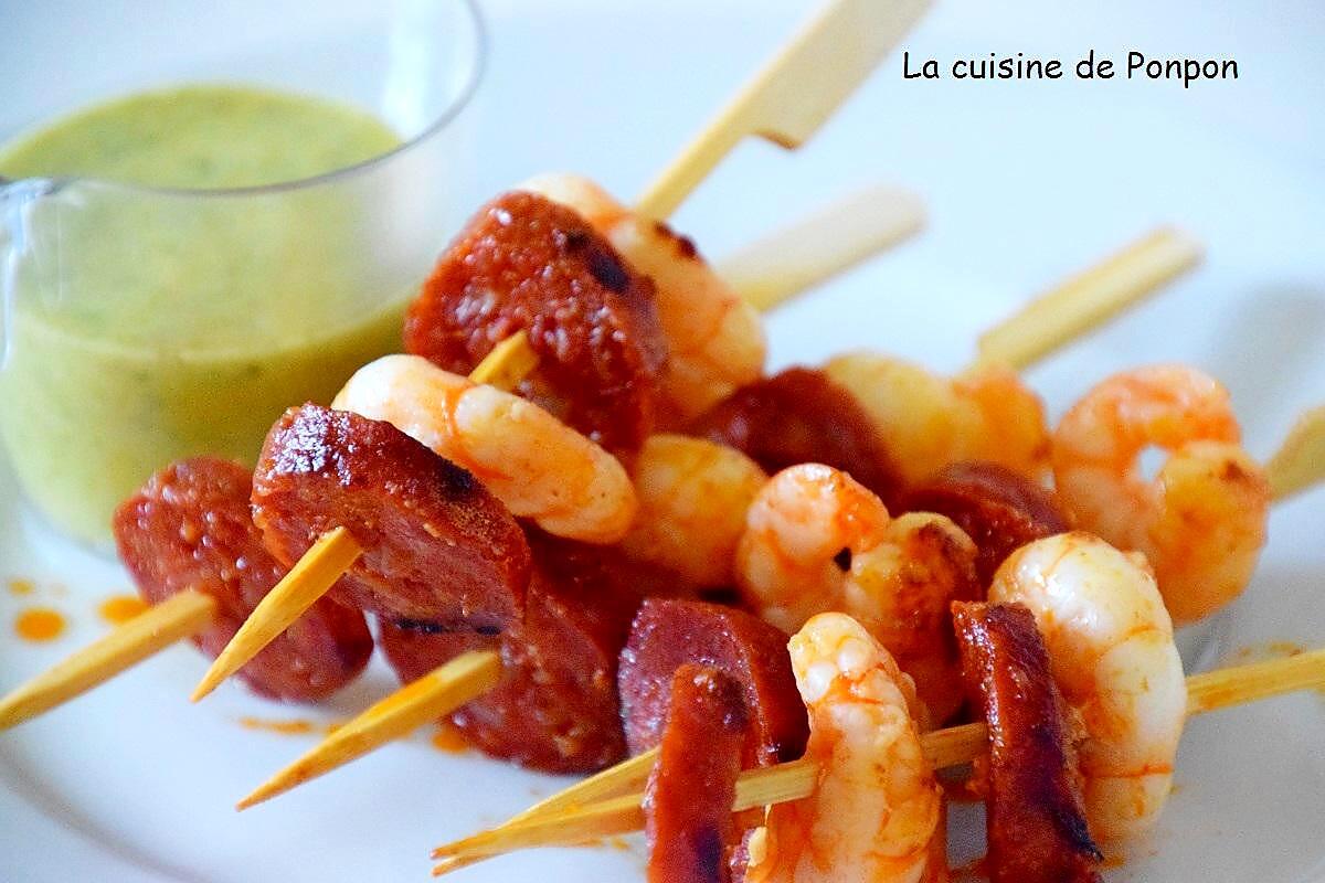 recette Brochette de scampis et chorizo à la sauce verte