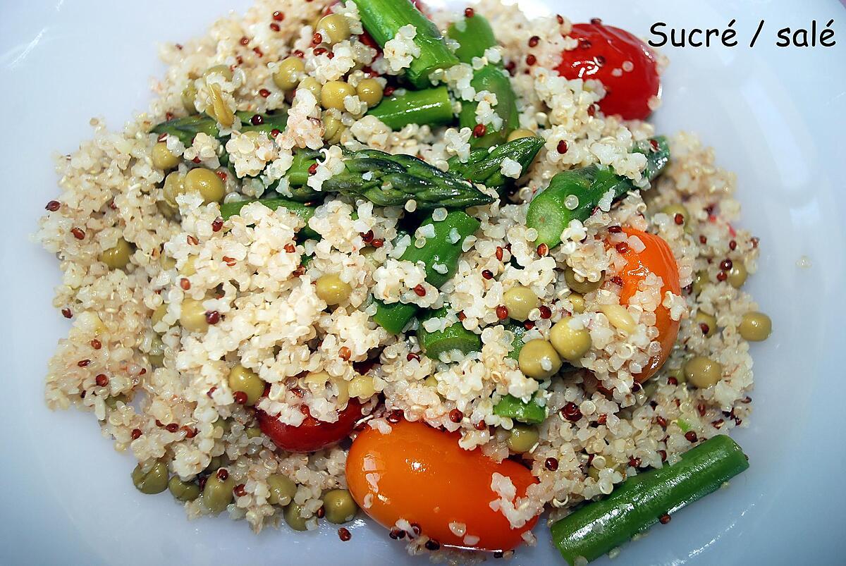 recette Salade de quinoa/boulgour aux asperges ,petits pois et tomates cerises