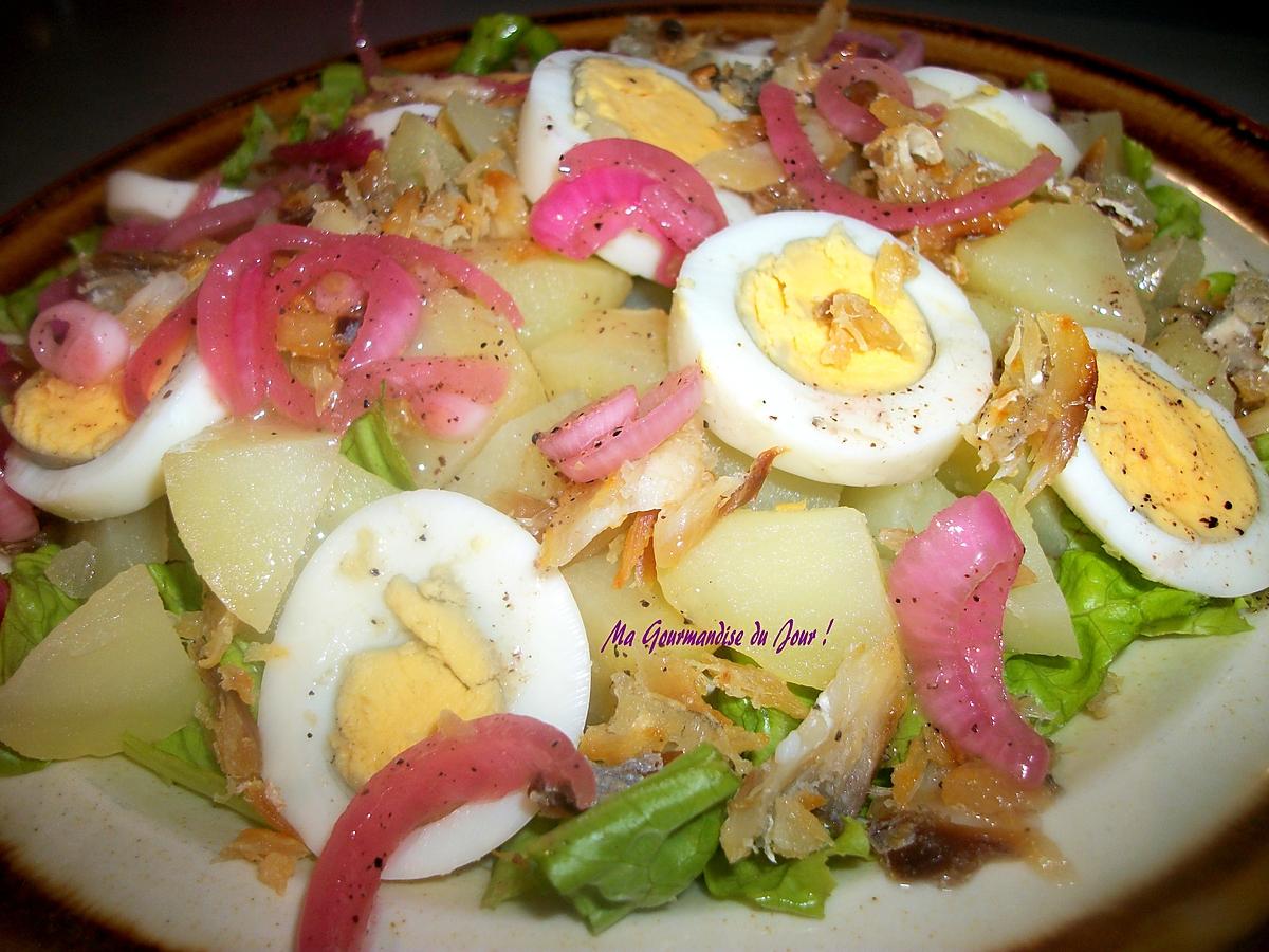 recette SALADE de POMME DE TERRE, ŒUFS, MORUE GRILLÉE .