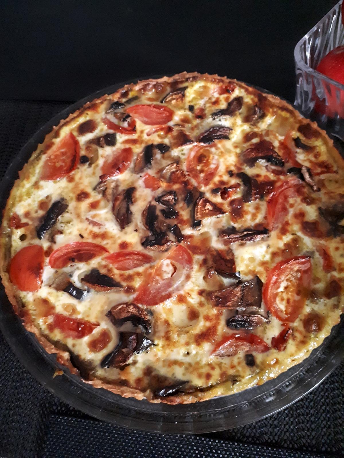 recette Quiche tomate ,mozza, aubergine, champignons.