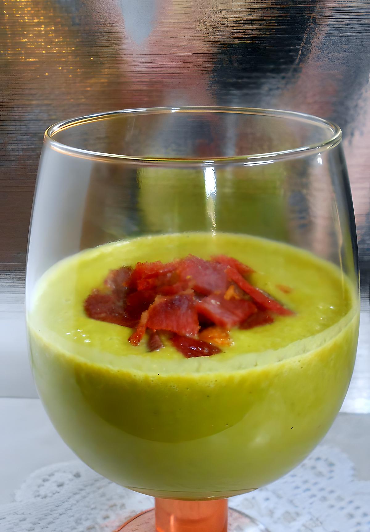 recette velouté de petits pois menthe, et jambon croustillant