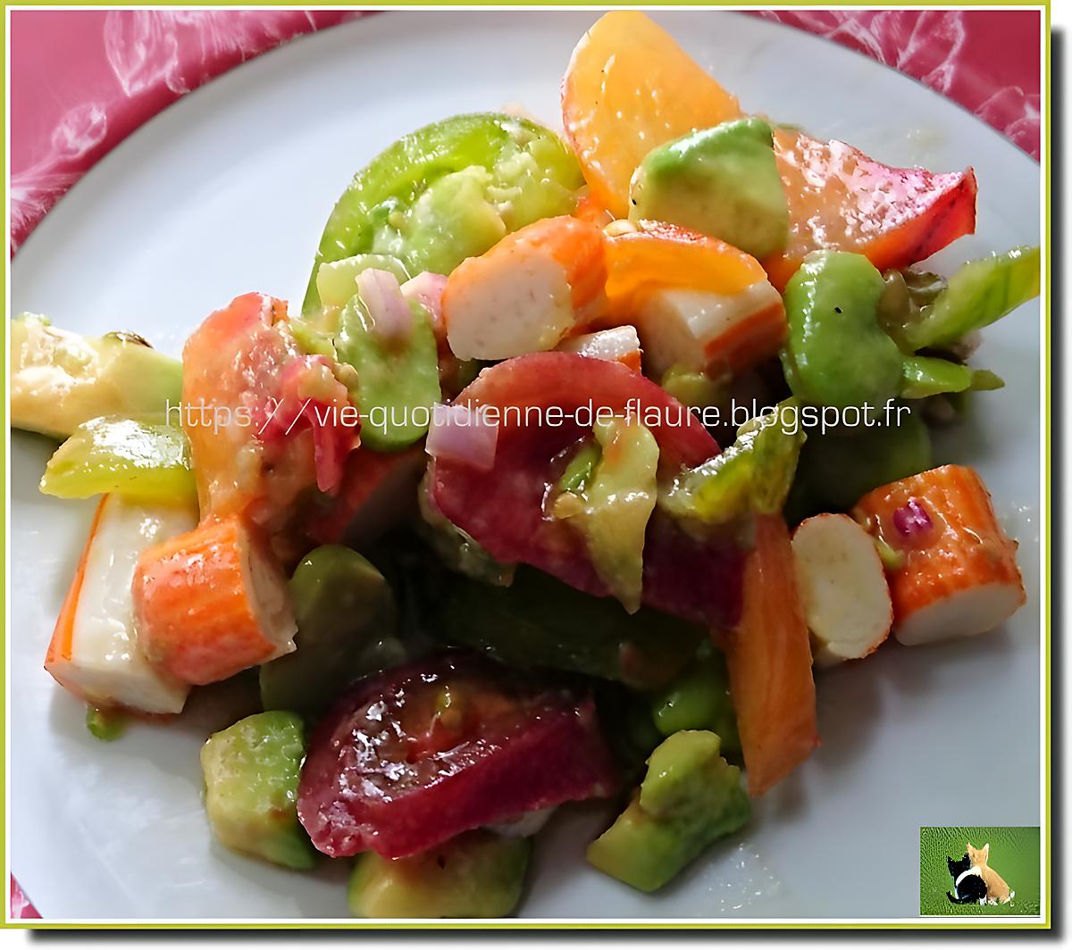 recette Salade de fèves, tomates colorées et bâtons de surimi