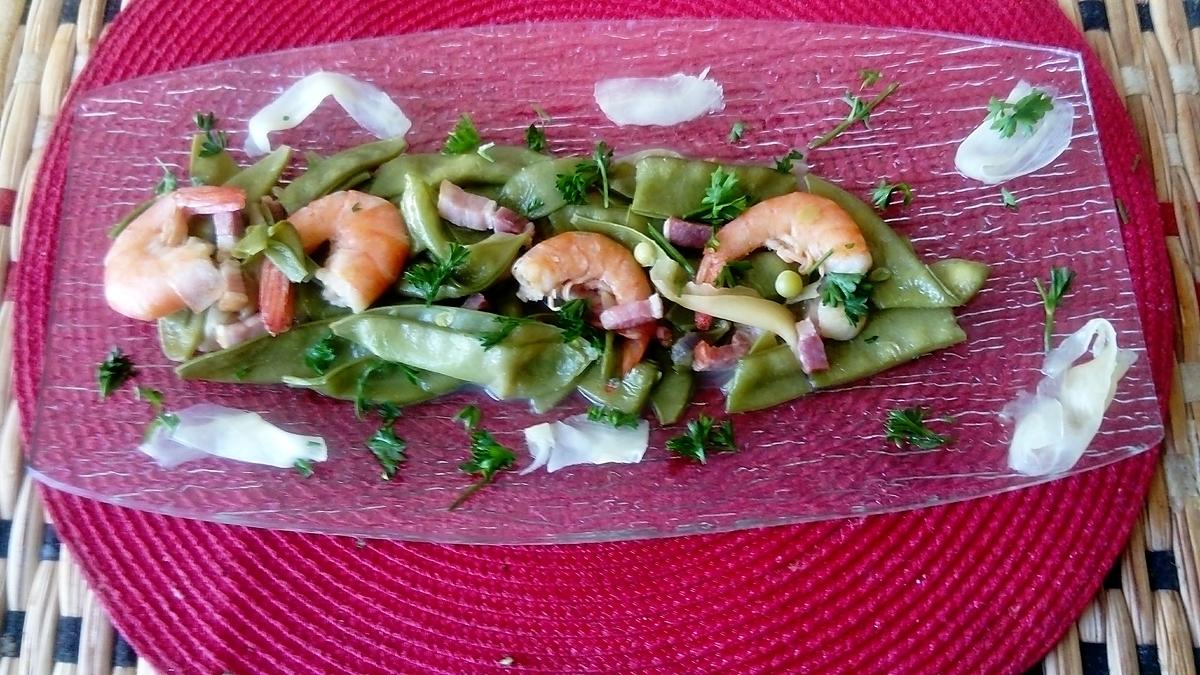 recette assiette  crevettes , mange tout, ,  lamelles de gingembre    pour sushi,