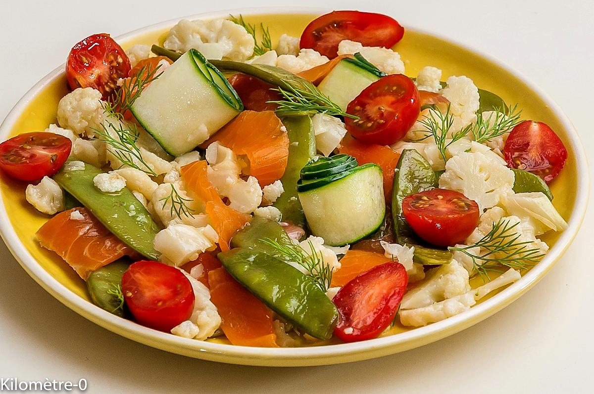 recette Salade de chou fleur, truite, concombre, tomate et aneth