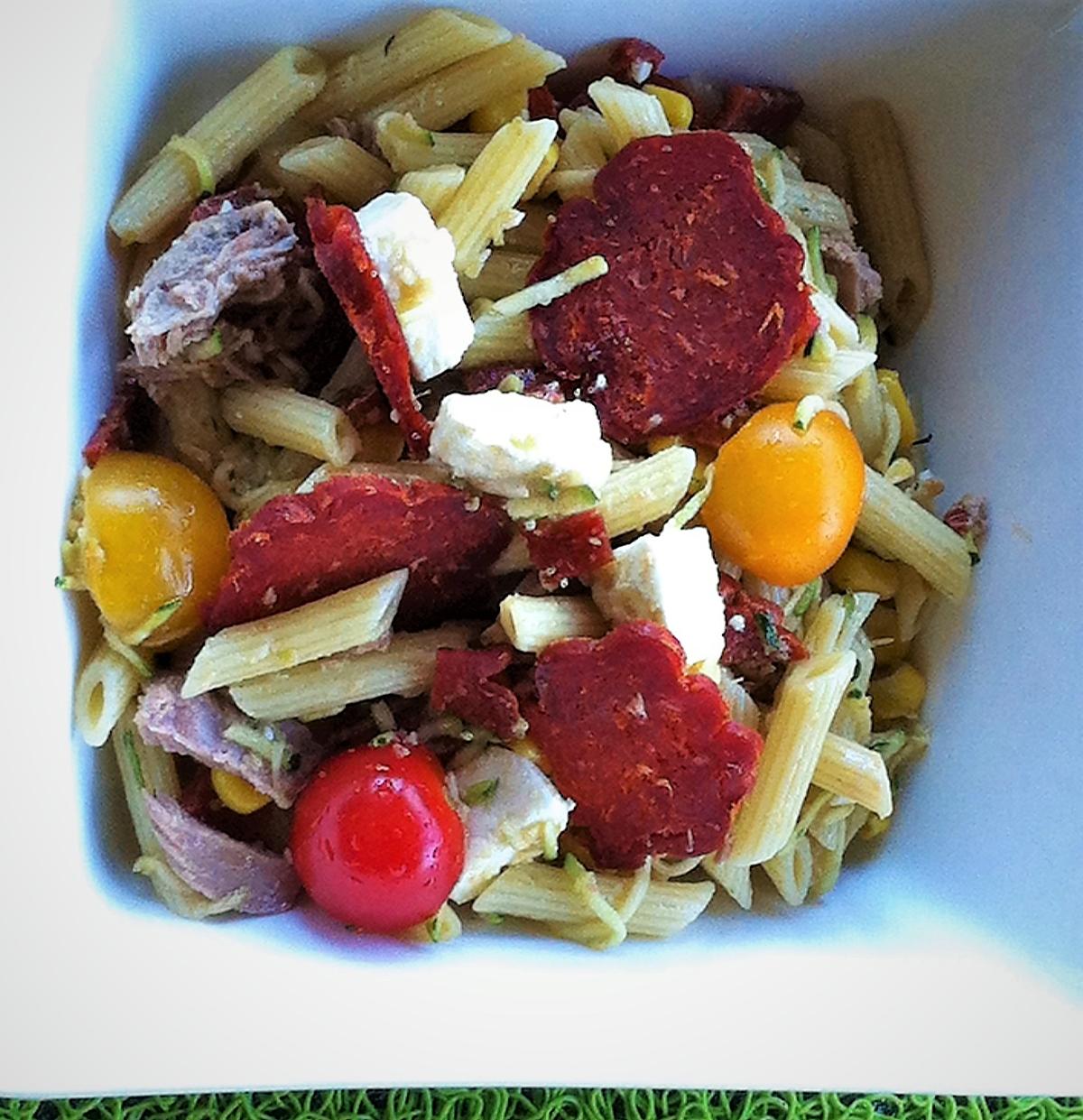 recette Salade terre-mer: pennes, chorizo, thon, courgettes et maïs