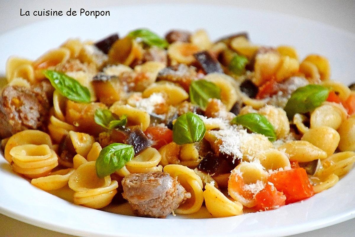 recette Orecchiette, saucisse et aubergine