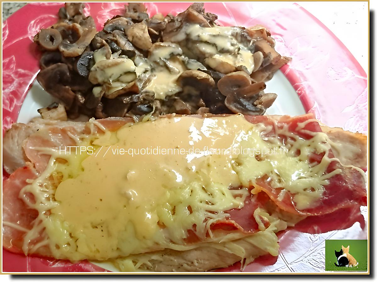 recette Escalope de veau, jambon cru, comté, garnie de champignons