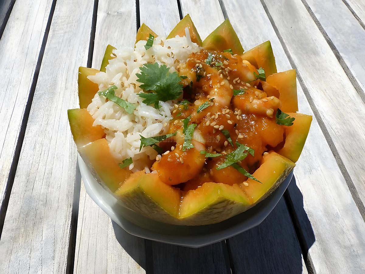 recette Melon aux crevettes, sauce Teriyaki au sésame et riz basmati