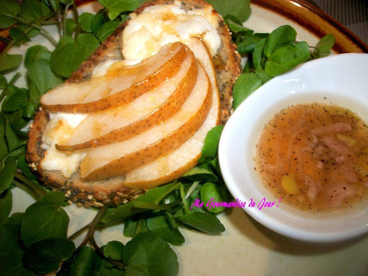 recette SALADE DE POIRE CHÈVRE ET MIEL sur un lit de CRESSON , vinaigrette au citron&miel