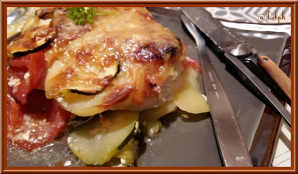 recette Gratin de courgettes , tomates et pommes de terre au poulet