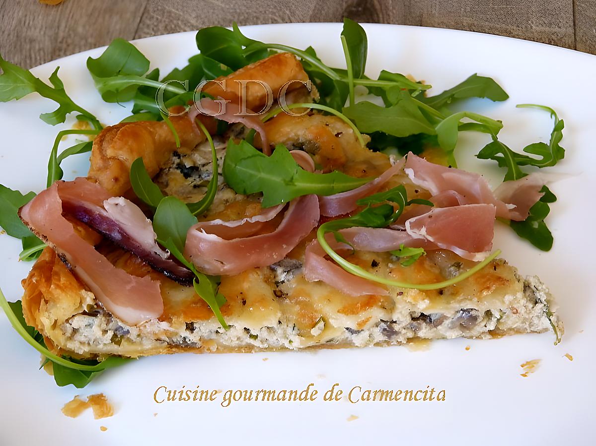recette Tarte fine aux champignons de Paris mozzarella di Bufala et jambon Speck