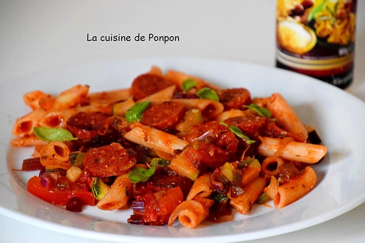 recette Penne, chorizo, courgette et fanes de betteraves rouges