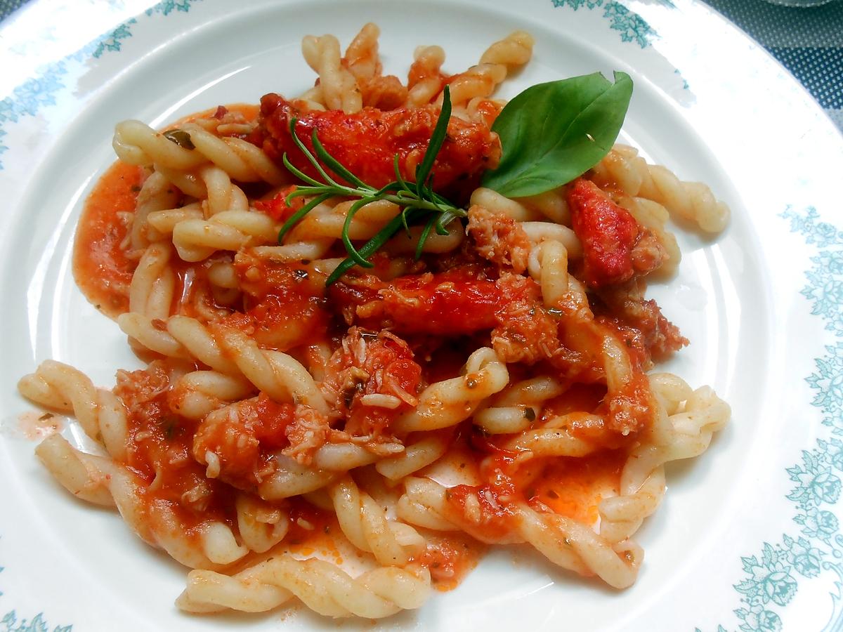 recette FUSILONNI SAUCE TOMATE AU CRABE